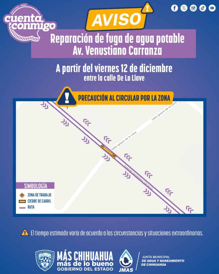 JMAS reparará línea de agua potable en avenida Venustiano Carranza