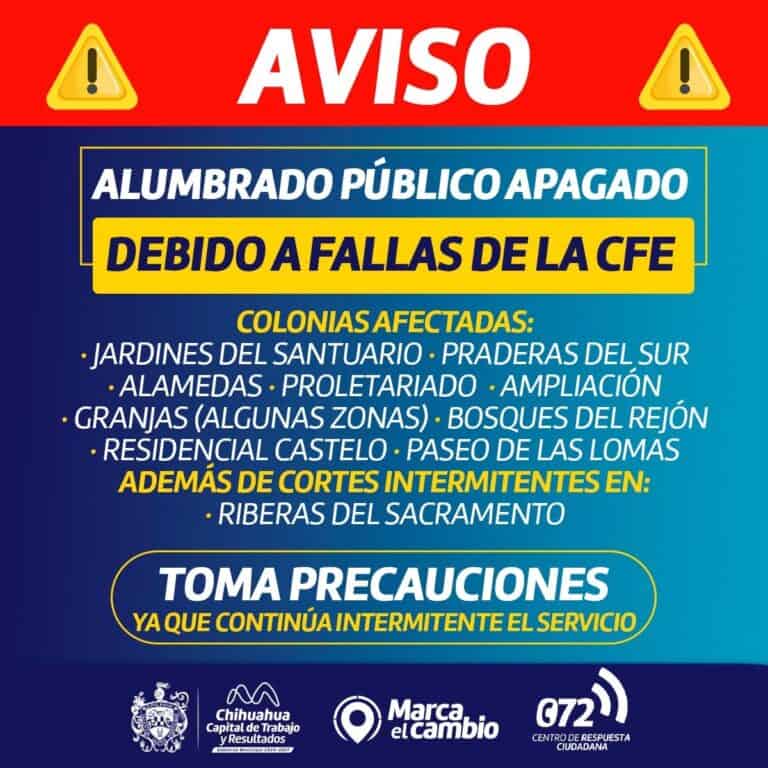 Fallas CFE afectan alumbrado