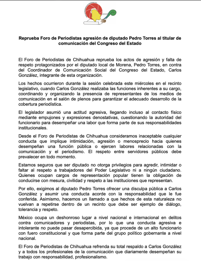 Foro de Periodistas condena incidente con diputado